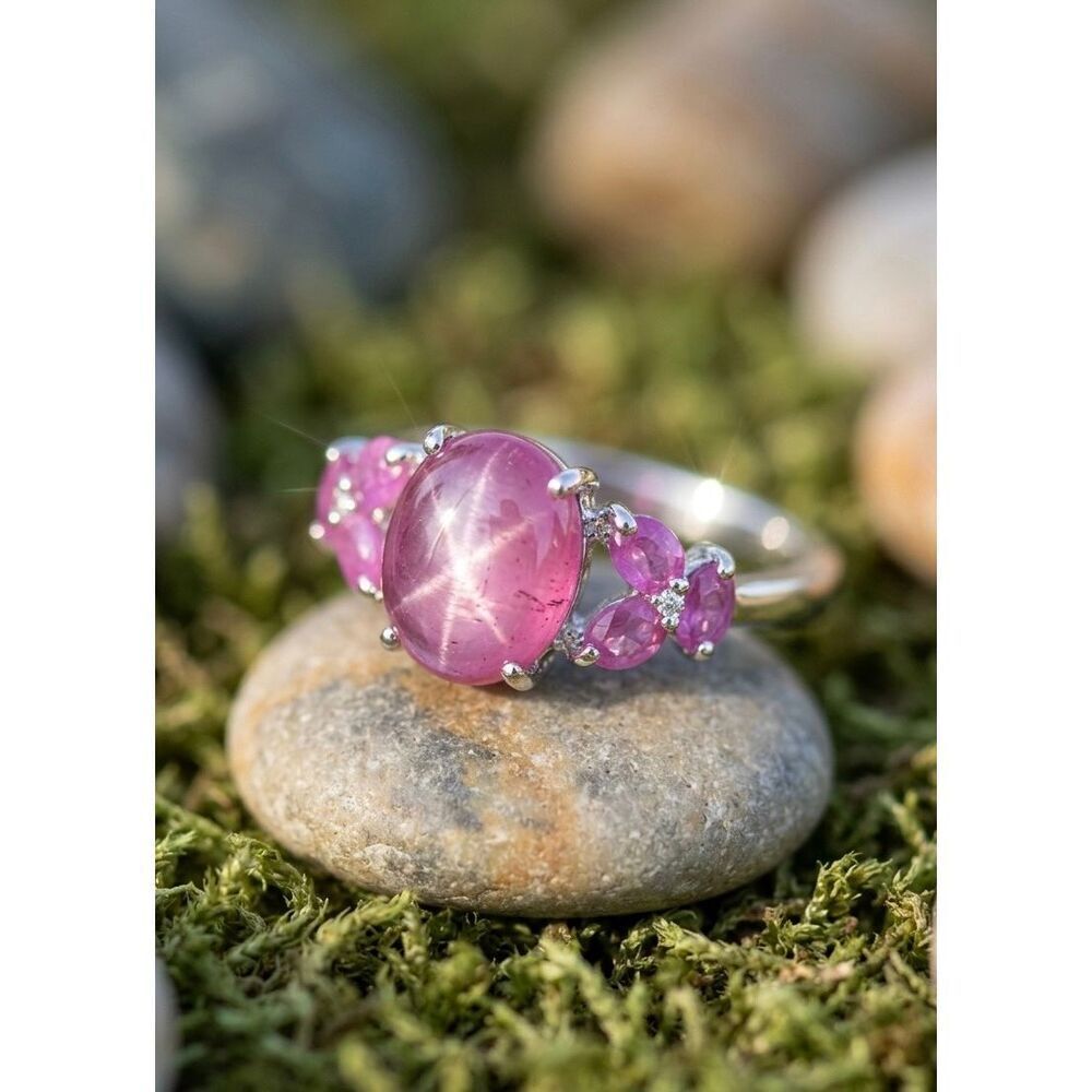 Star Pink Sapphire & Pink Ruby Statement Sterling Silver Ring - Size 6 New